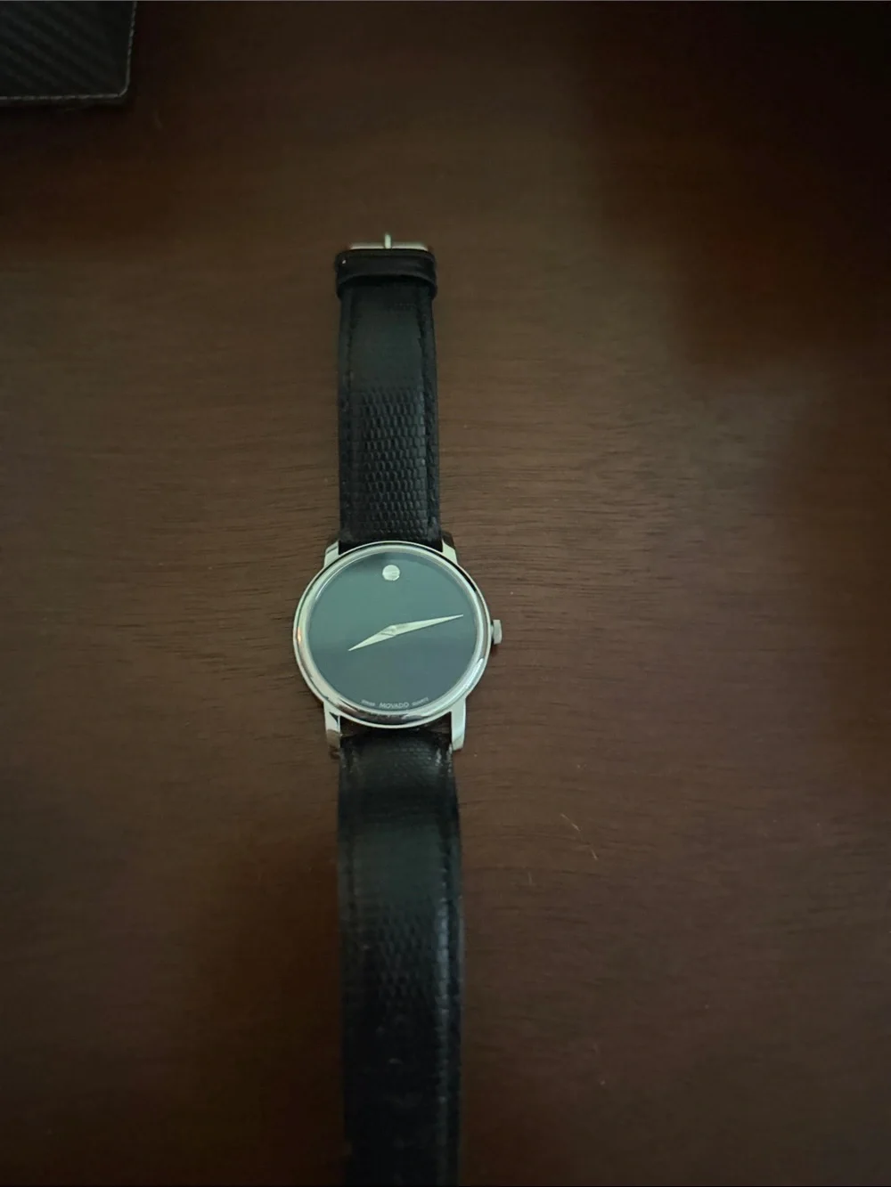 Movado Men's Museum Black Dial Silver Case Watch with Black Leather Strap 38mm